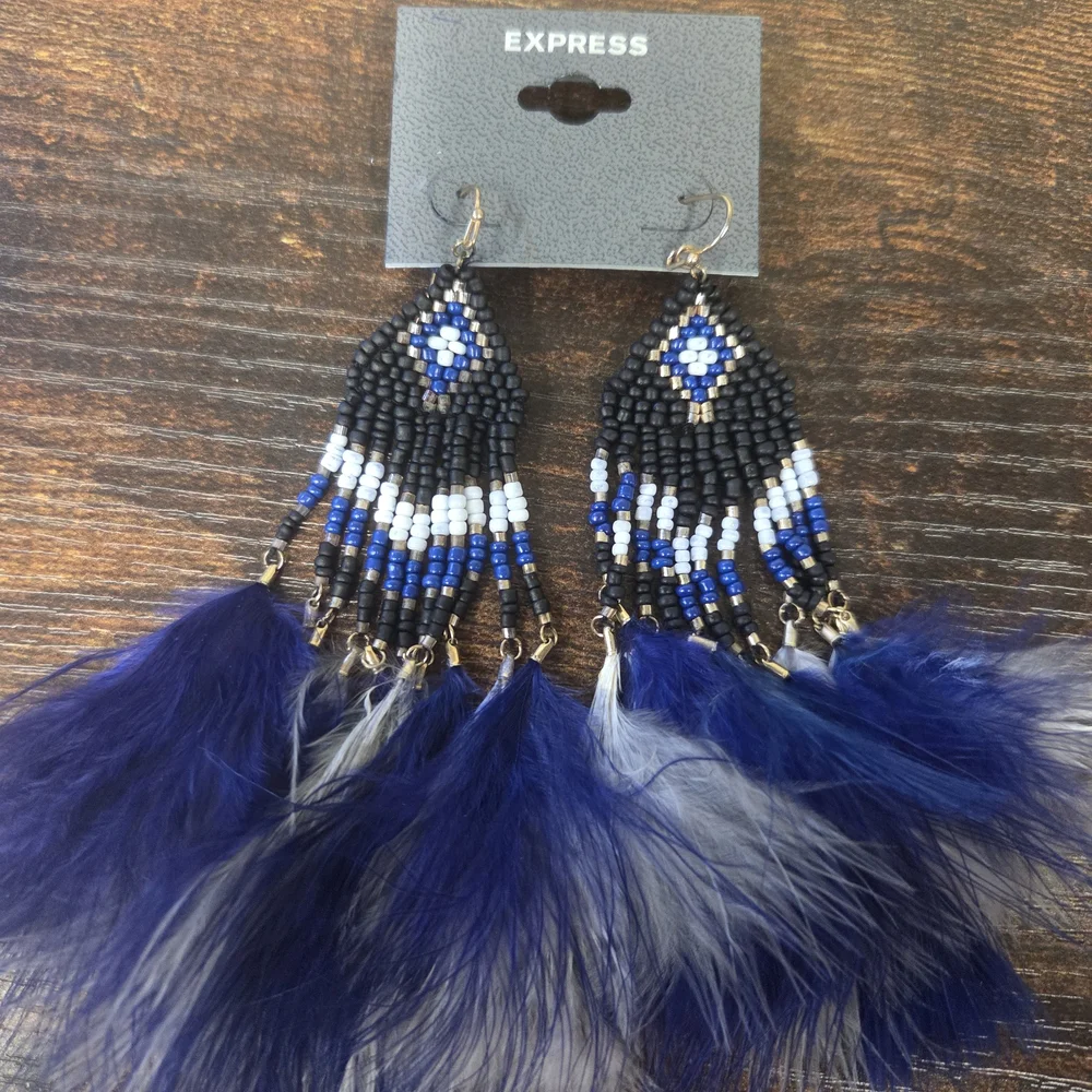 Express Blue Seed Bead Feather Earrings - Picture 1 of 6